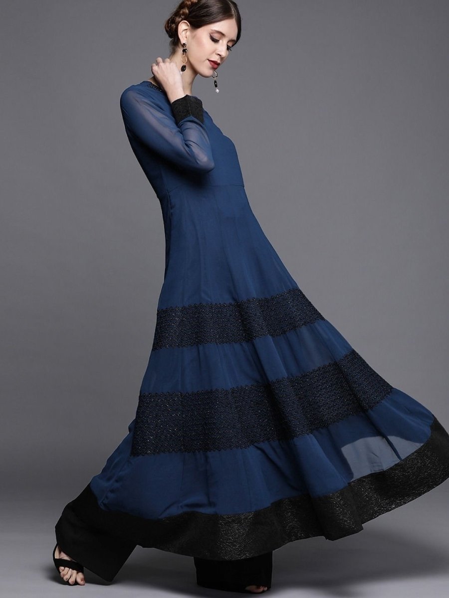 Blue Solid Anarkali with Dupatta - inddus-us
