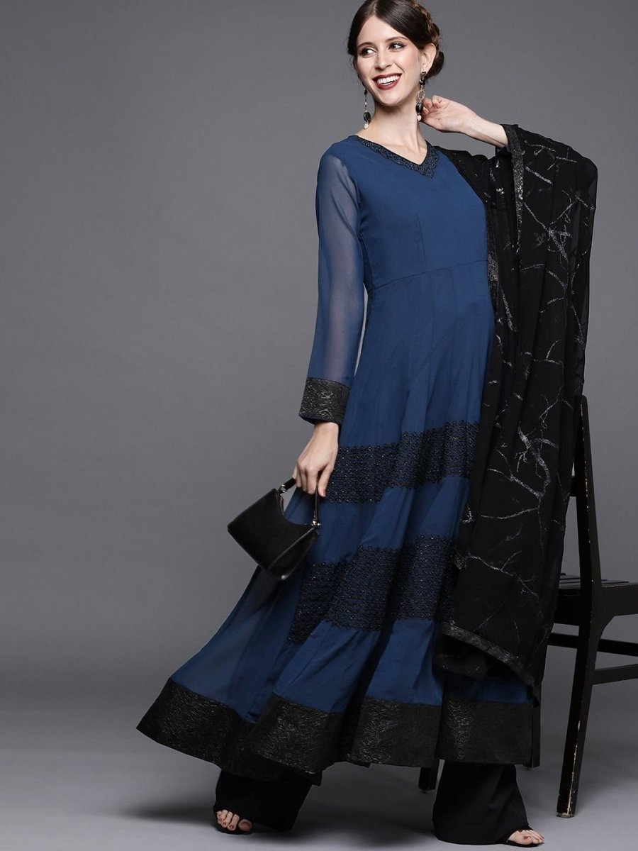 Blue Solid Anarkali with Dupatta - inddus-us