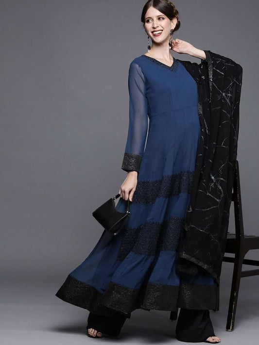 Blue Solid Anarkali with Dupatta - inddus-us