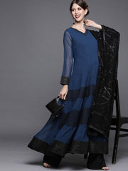 Blue Solid Anarkali with Dupatta - inddus-us