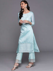 Blue Stripped Kurta with Palazzo and Yellow Dupatta - inddus-us