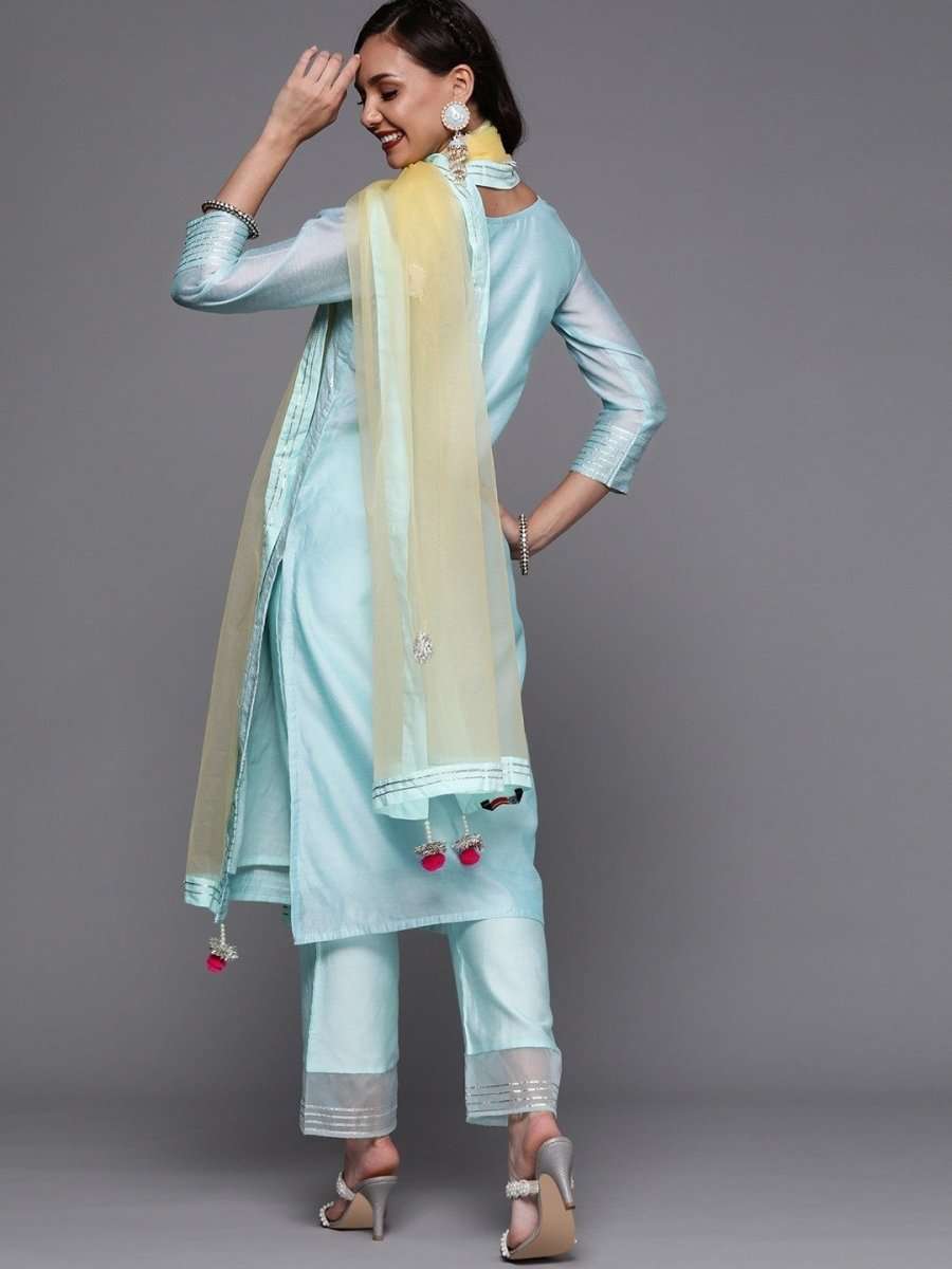 Blue Stripped Kurta with Palazzo and Yellow Dupatta - inddus-us