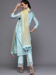 Blue Stripped Kurta with Palazzo and Yellow Dupatta - inddus-us
