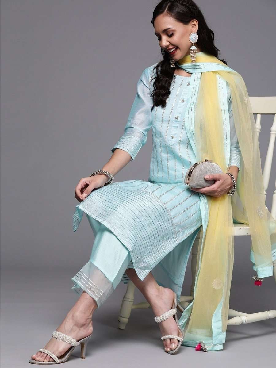 Blue Stripped Kurta with Palazzo and Yellow Dupatta - inddus-us