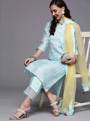 Blue Stripped Kurta with Palazzo and Yellow Dupatta - inddus-us