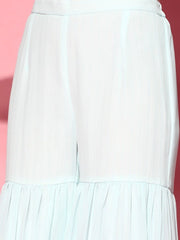 Blue Stripped Kurta with Sharara and Net Dupatta and Embellished Belt - Inddus.com