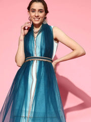 Blue Stripped Kurta with Sharara and Net Dupatta and Embellished Belt - Inddus.com