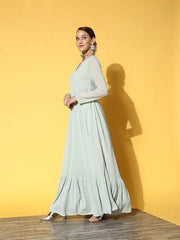 Blue & Teal Ethnic Motifs Embroidered Georgette Maxi Dress - Inddus.com
