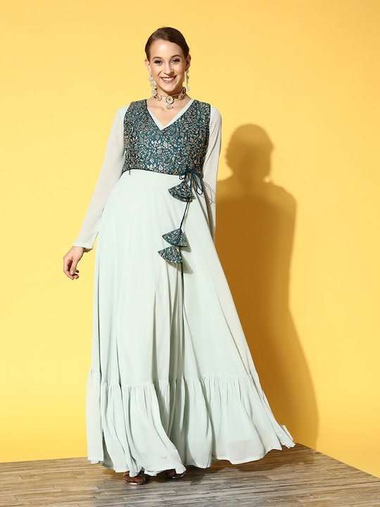 Blue & Teal Ethnic Motifs Embroidered Georgette Maxi Dress - Inddus.com