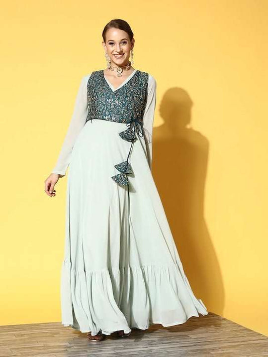 Blue & Teal Ethnic Motifs Embroidered Georgette Maxi Dress - Inddus.com