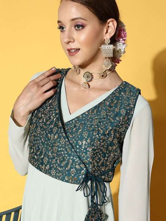 Blue & Teal Ethnic Motifs Embroidered Georgette Maxi Dress - Inddus.com