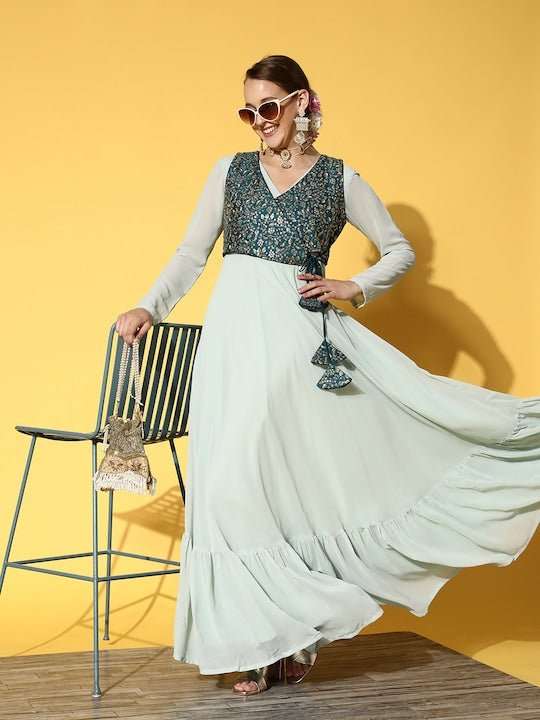 Blue & Teal Ethnic Motifs Embroidered Georgette Maxi Dress - Inddus.com