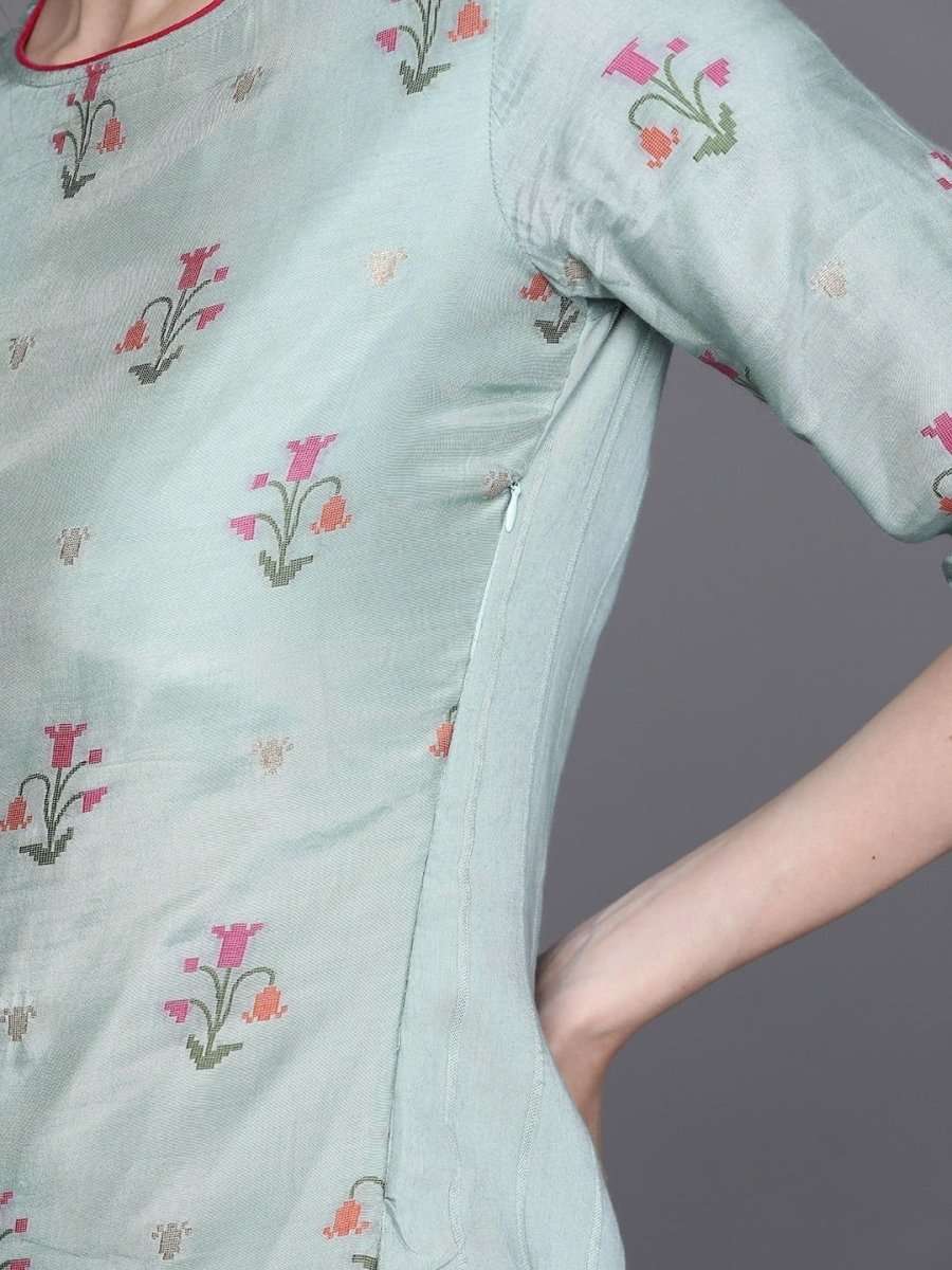 Blue Viscose Silk Woven Design Straight Cut Suit - inddus-us