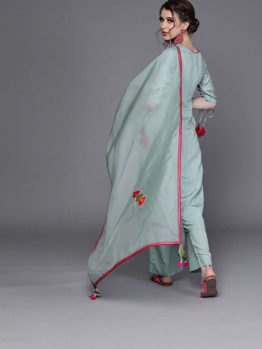 Blue Viscose Silk Woven Design Straight Cut Suit - inddus-us