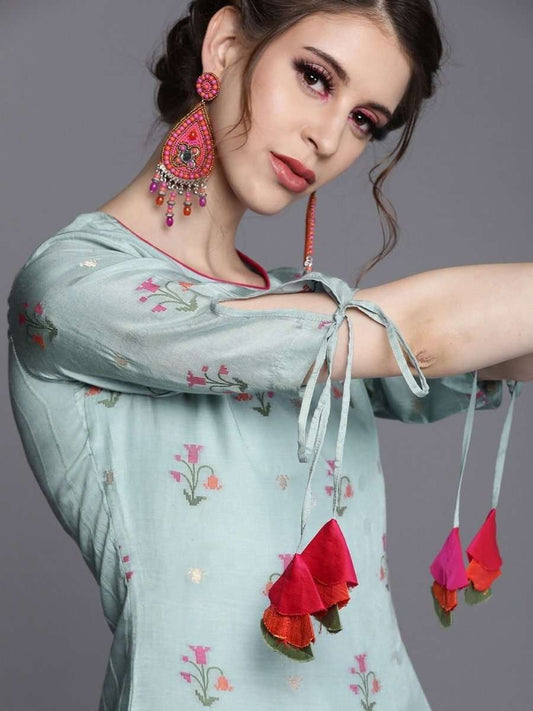 Blue Viscose Silk Woven Design Straight Cut Suit - inddus-us