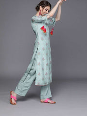 Blue Viscose Silk Woven Design Straight Cut Suit - inddus-us