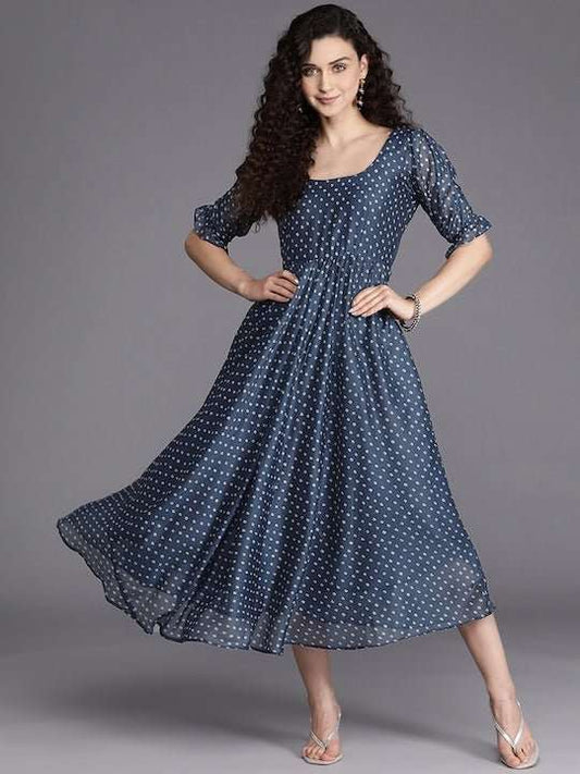 Blue & White Bandhani Printed Fit & Flare Midi Dress - Inddus.com