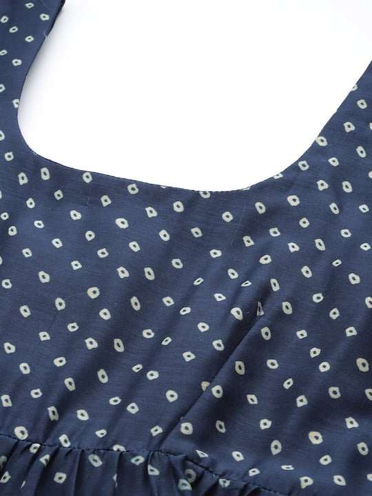Blue & White Bandhani Printed Fit & Flare Midi Dress - Inddus.com
