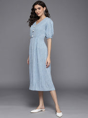 Blue & White Floral A-Line Midi Dress - Inddus.com