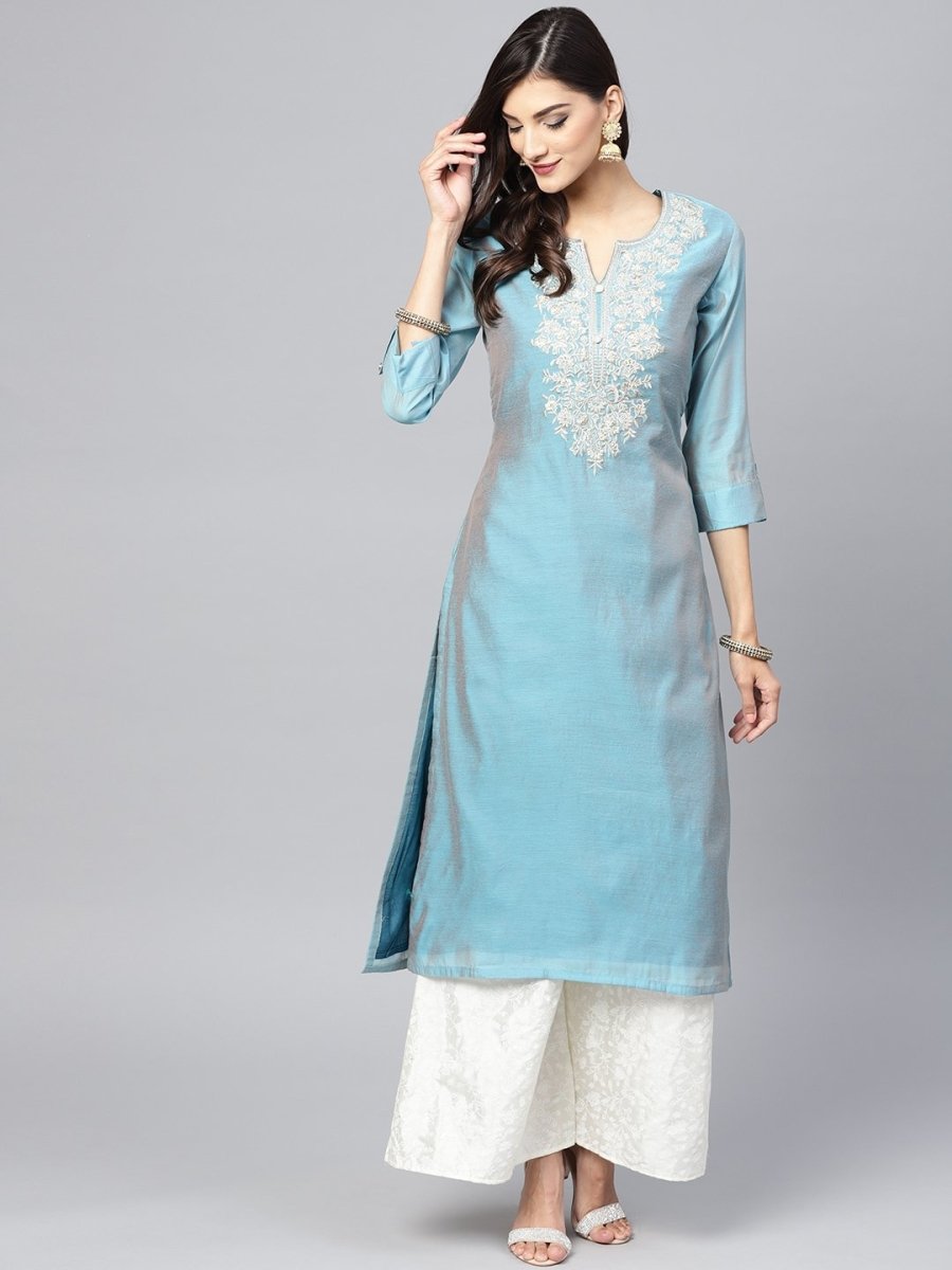 Blue & White Yoke Design Kurta with Palazzos - inddus-us