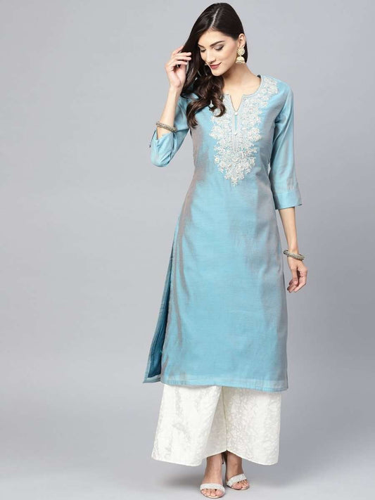 Blue & White Yoke Design Kurta with Palazzos - inddus-us