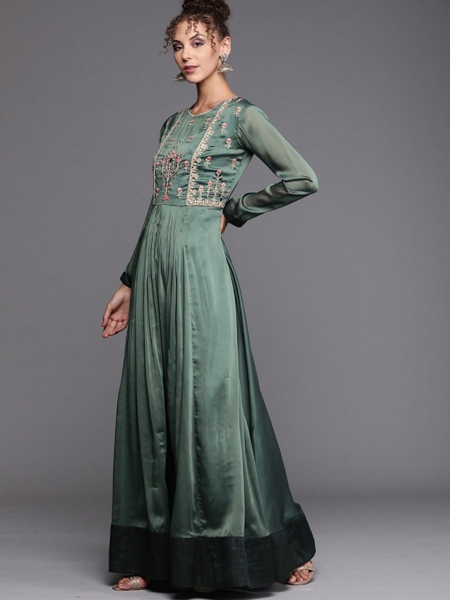 Bottle Green Embroidered Kurta with Dupatta - inddus-us