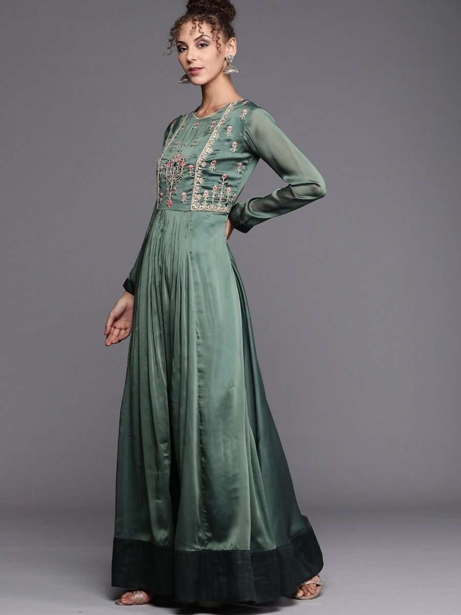 Bottle Green Embroidered Kurta with Dupatta - inddus-us
