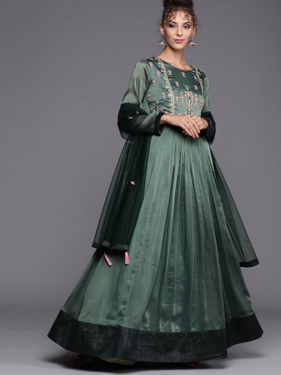Bottle Green Embroidered Kurta with Dupatta - inddus-us