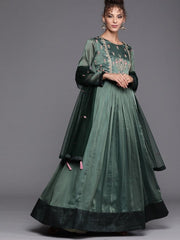 Bottle Green Embroidered Kurta with Dupatta - inddus-us