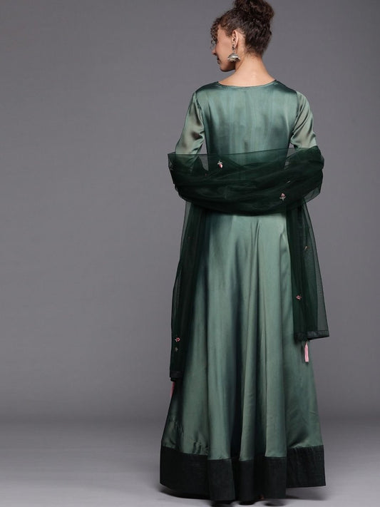Bottle Green Embroidered Kurta with Dupatta - inddus-us