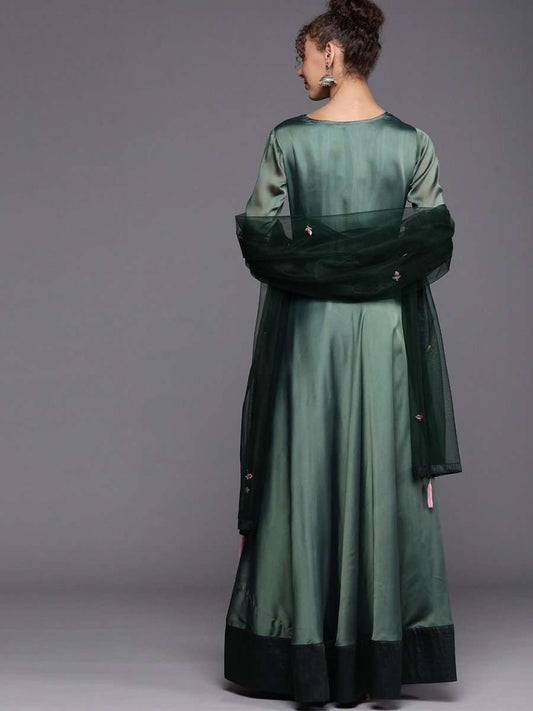 Bottle Green Embroidered Kurta with Dupatta - inddus-us