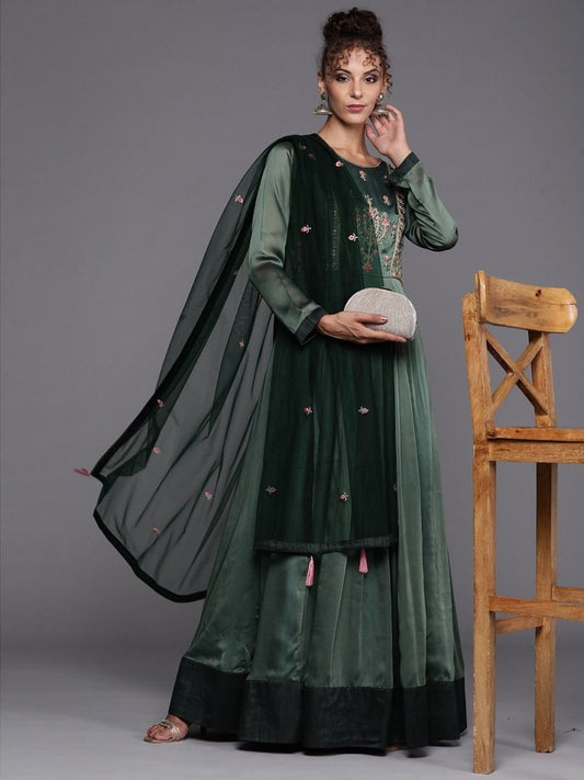 Bottle Green Embroidered Kurta with Dupatta - inddus-us