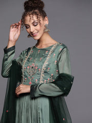 Bottle Green Embroidered Kurta with Dupatta - inddus-us
