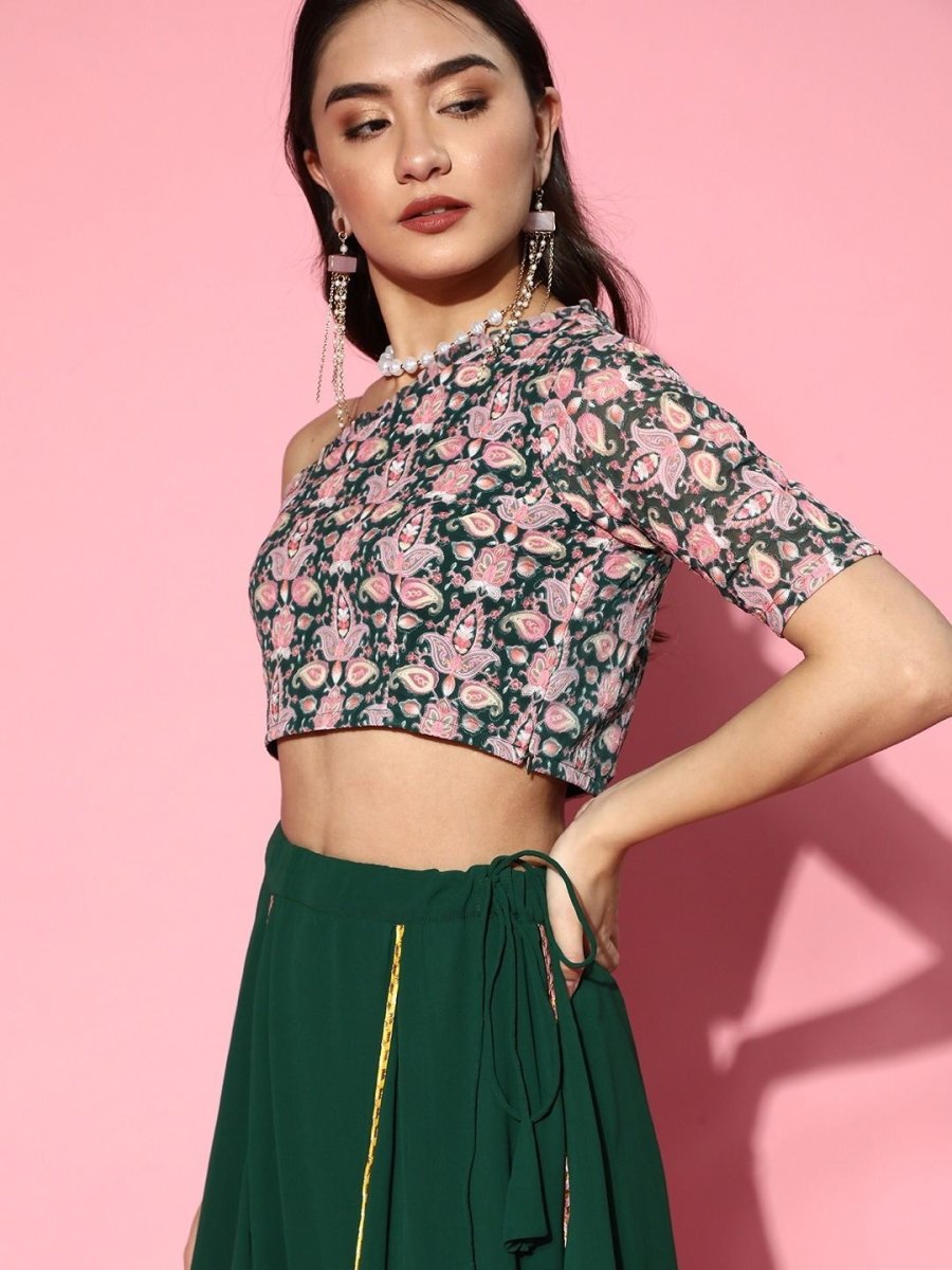 Bottle Green Embroidered Top with Solid Layered Skirt - Inddus.com