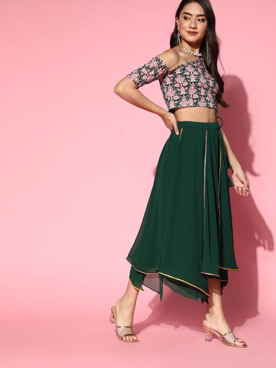 Bottle Green Embroidered Top with Solid Layered Skirt - Inddus.com