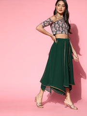 Bottle Green Embroidered Top with Solid Layered Skirt - Inddus.com
