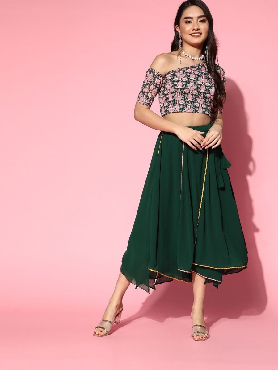 Bottle Green Embroidered Top with Solid Layered Skirt - Inddus.com