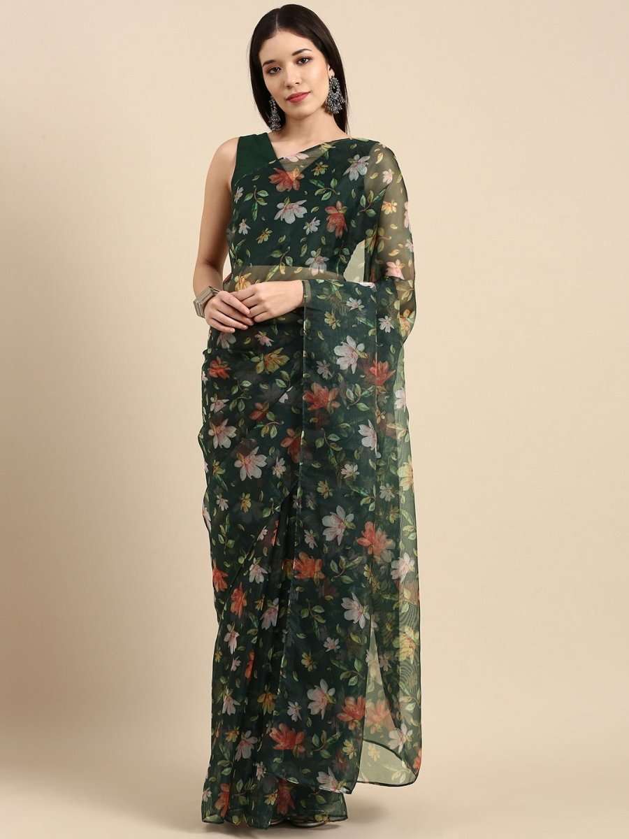 Bottle Green Floral Digital Print Organza Saree - Inddus.com