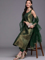 Bottle Green Kurta with Pants and Net Dupatta - Inddus.com