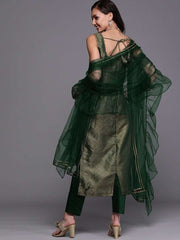 Bottle Green Kurta with Pants and Net Dupatta - Inddus.com