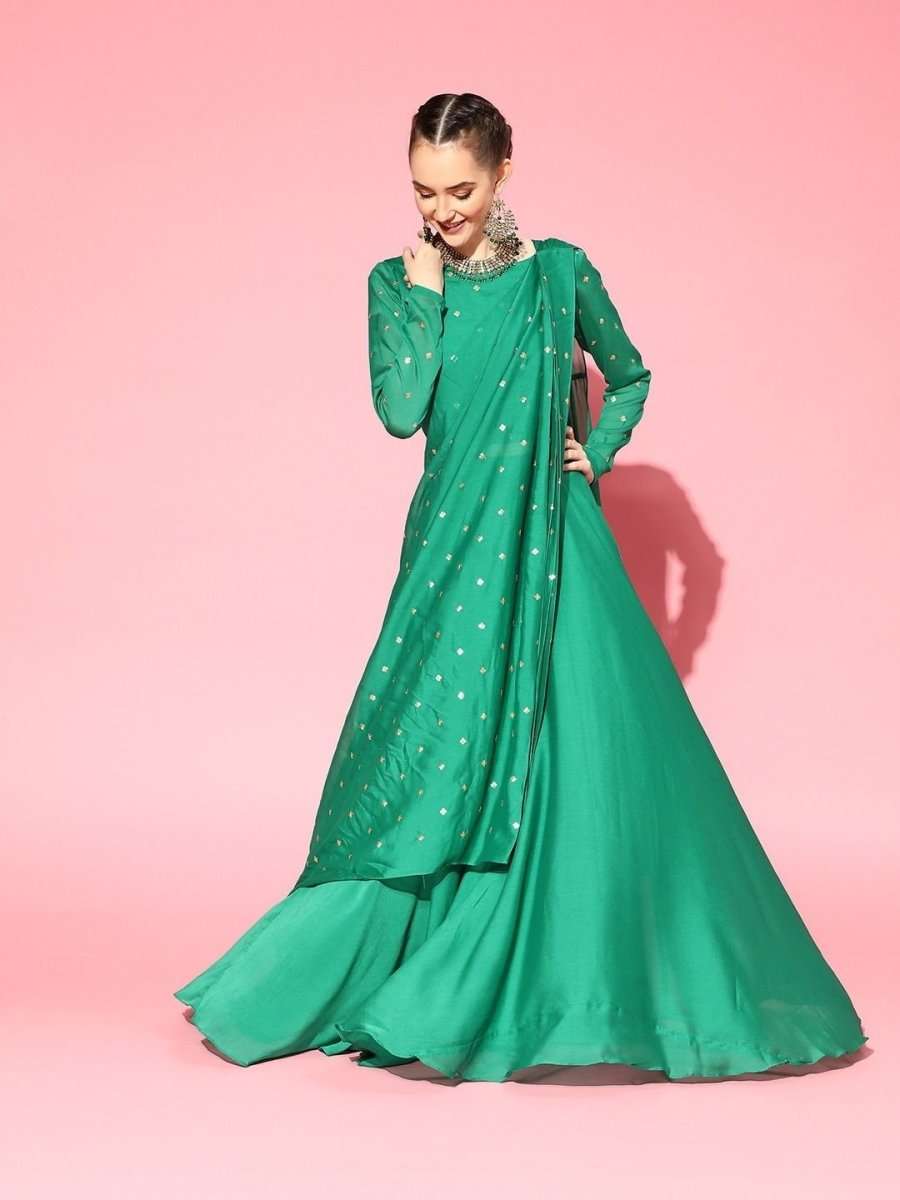 Bottle Green Lehenga Sequinned Ruffled Saree with Embroidered Blouse Piece - inddus-us