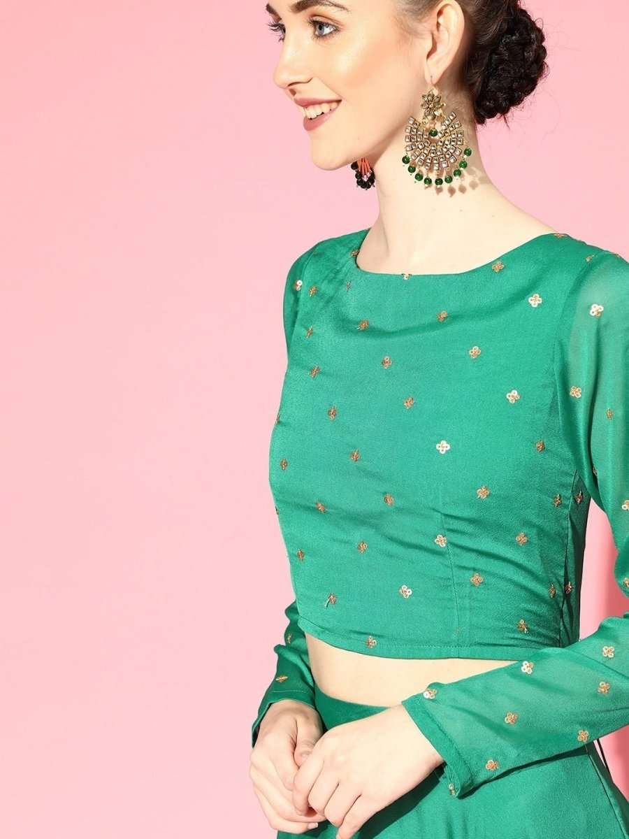 Bottle Green Lehenga Sequinned Ruffled Saree with Embroidered Blouse Piece - inddus-us