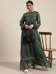 Bottle Green Lurex Printed Maxi Dress - Inddus.com