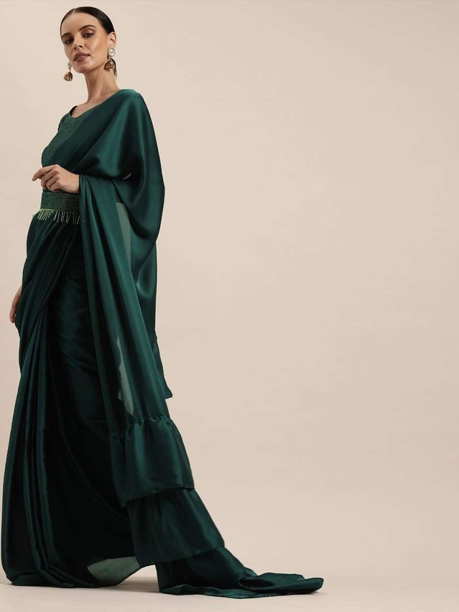 Bottle Green One Minute Ruffle Saree - inddus-us