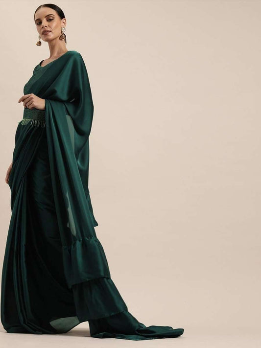 Bottle Green One Minute Ruffle Saree - inddus-us