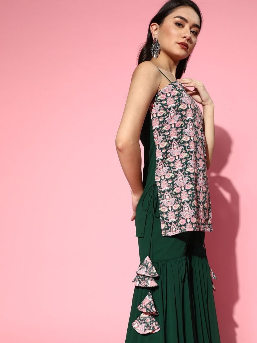 Bottle Green Paisley Kurta with Sharara and Ruffled Dupatta - Inddus.com