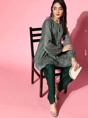 Bottle Green Printed Flared Kurta with Dhoti Pants - Inddus.com