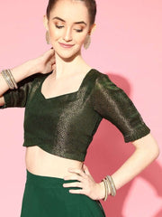 Bottle Green Stitched Teired Lehenga Saree with Brocade Blouse Piece - inddus-us
