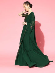 Bottle Green Stitched Teired Lehenga Saree with Brocade Blouse Piece - inddus-us