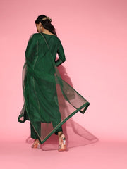 Bottle Green Woven Kurta with Pants and Dupatta - Inddus.com